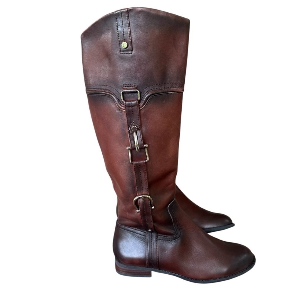 Michelle D Tall Brown Leather Riding Boots with Brass Buckles
